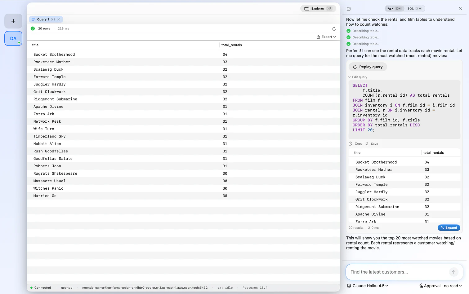 FluentDB: refining a query with AI for a SQLite database