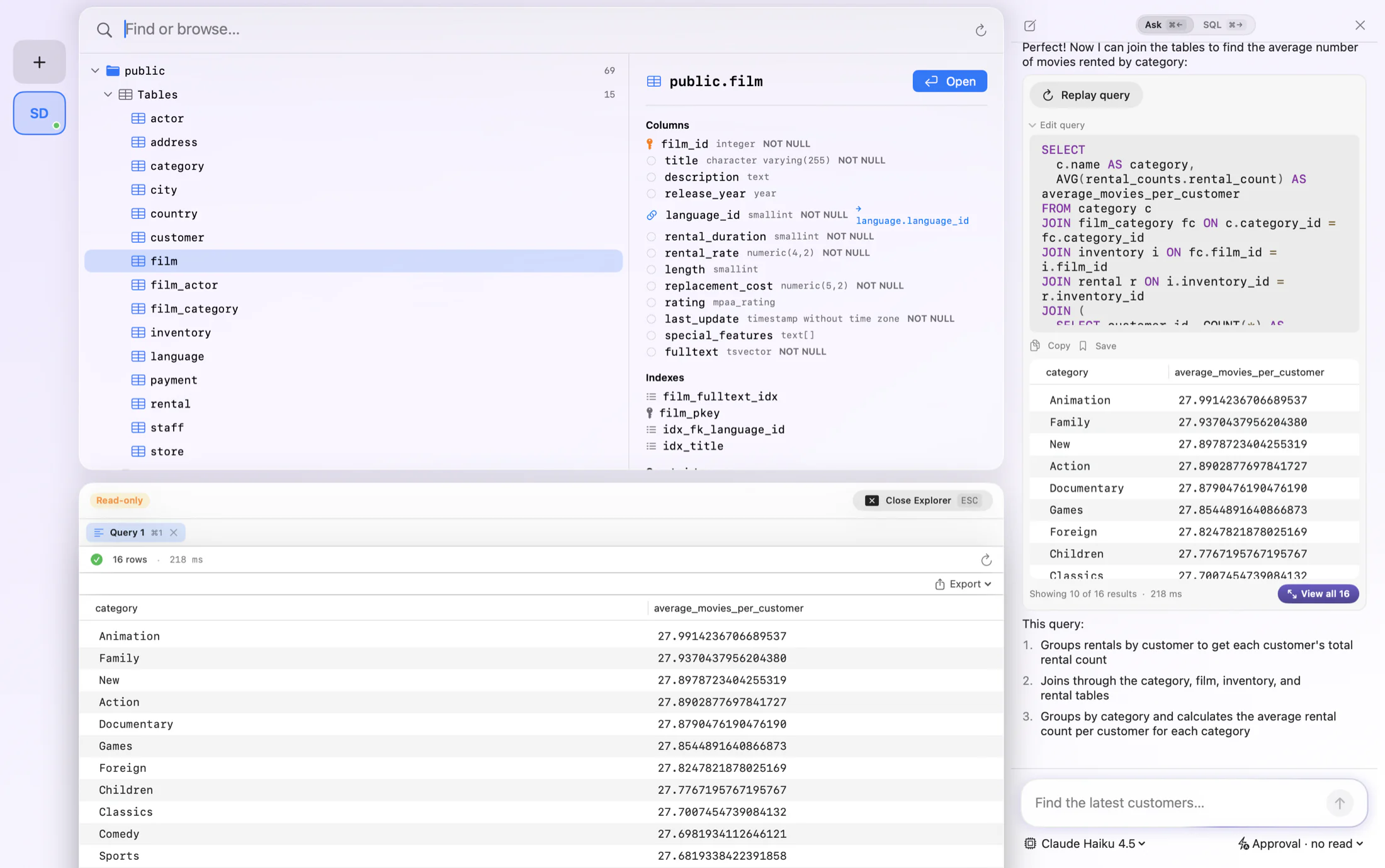FluentDB exploring a SQLite database on macOS