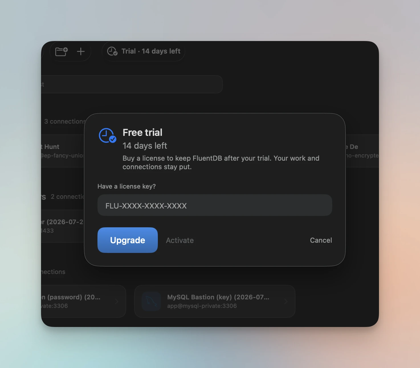 FluentDB's Free trial dialog with a field to enter your license key and an Activate button