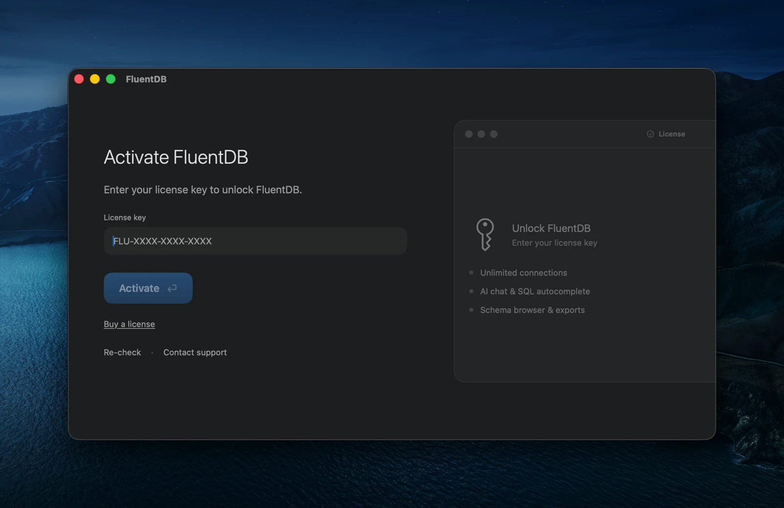 FluentDB's Activate screen with a license key field and an Activate button