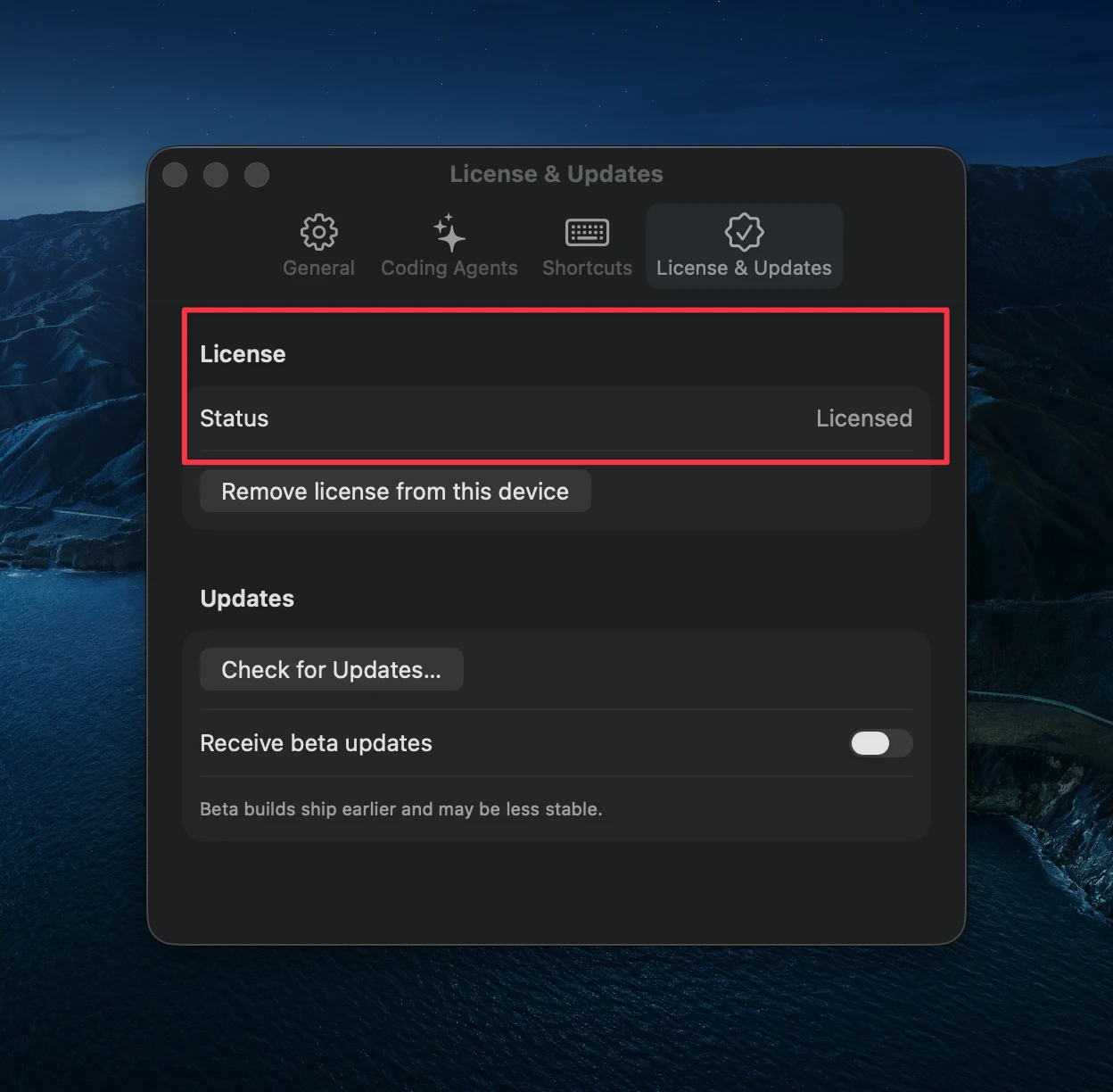 FluentDB's License & Updates settings showing the license status as Licensed