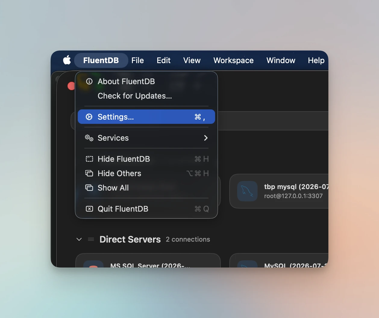 The macOS menu bar with the FluentDB menu open and Settings highlighted
