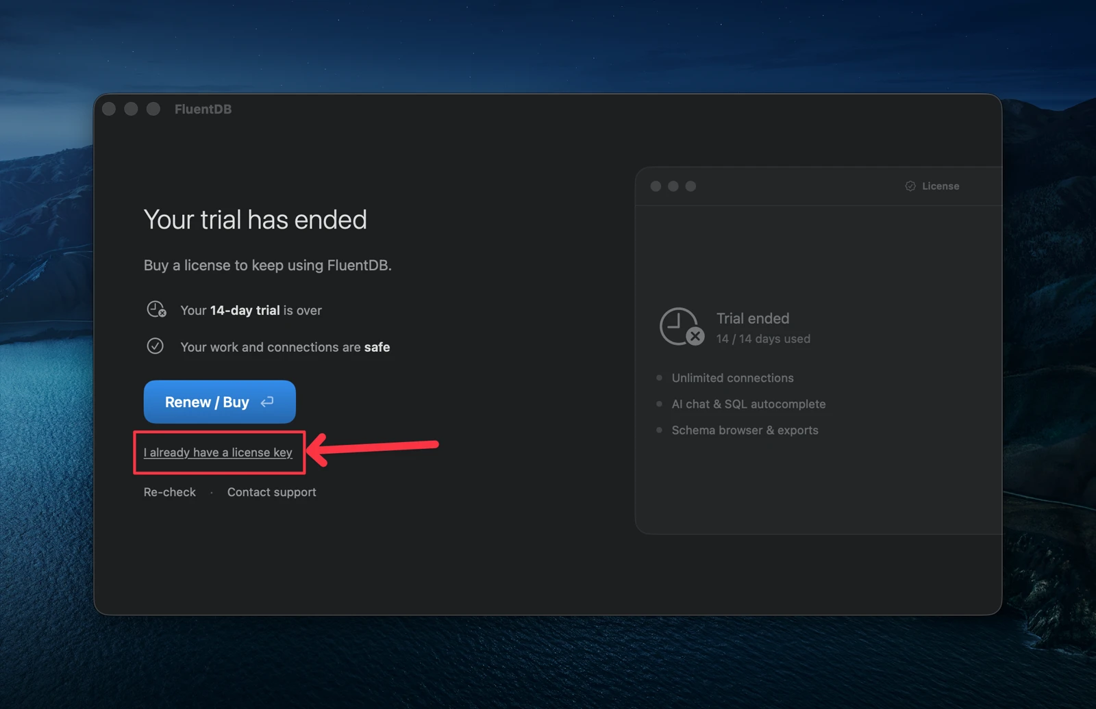 FluentDB's trial-ended screen with the I already have a license key link highlighted