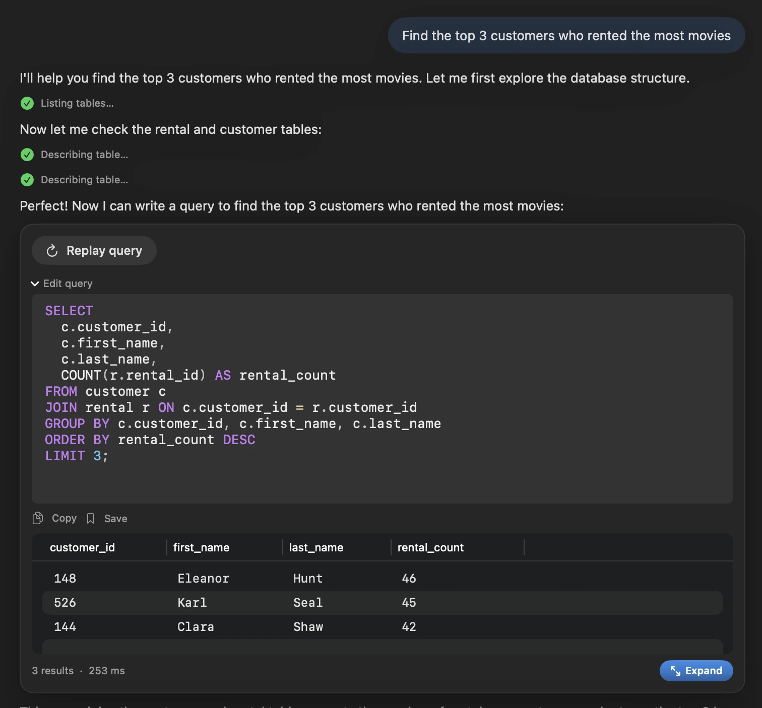 FluentDB generating and running a SQL query from a plain-English question, with results shown inline