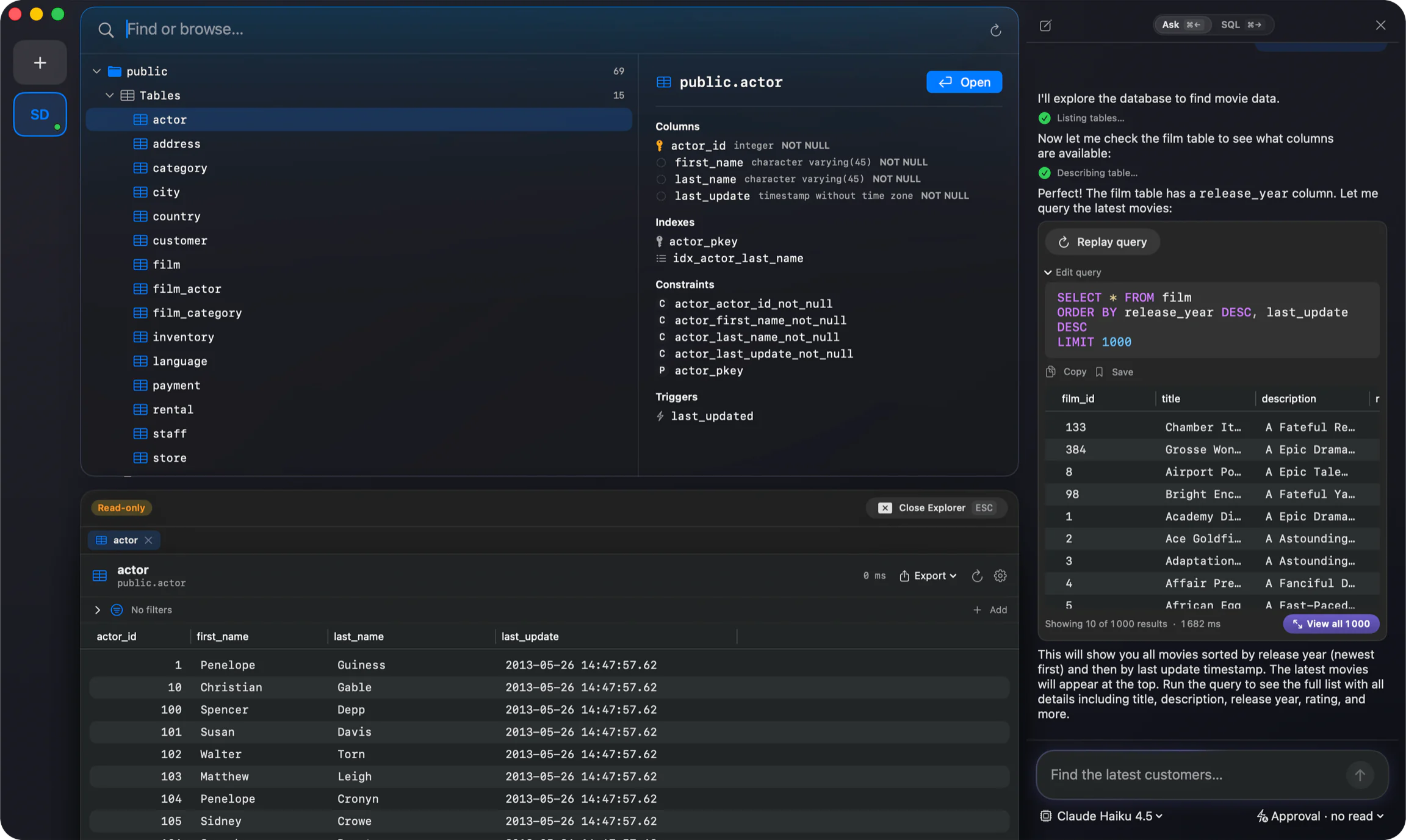 FluentDB's database explorer: a schema browser on the left, table data below, and the AI assistant generating a SQL query on the right