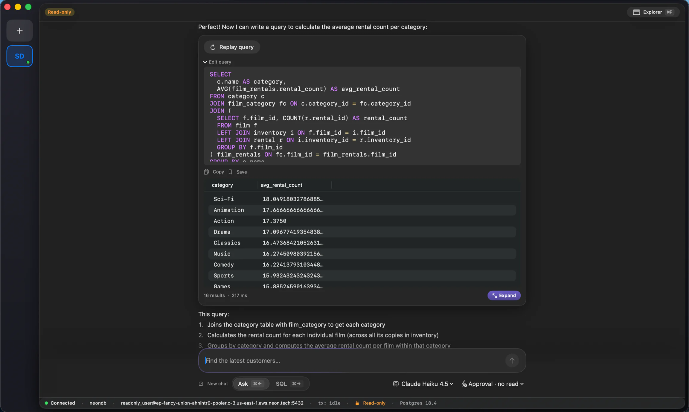 FluentDB's AI assistant writing a multi-join SQL query with subqueries and returning results