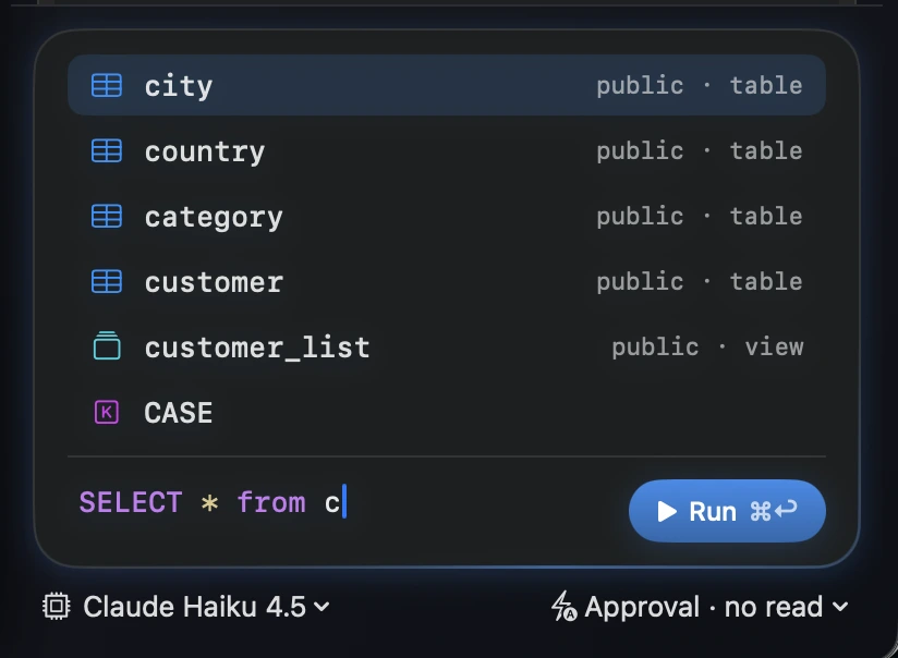 FluentDB's SQL editor showing schema-aware autocomplete suggesting tables and columns as you type a query