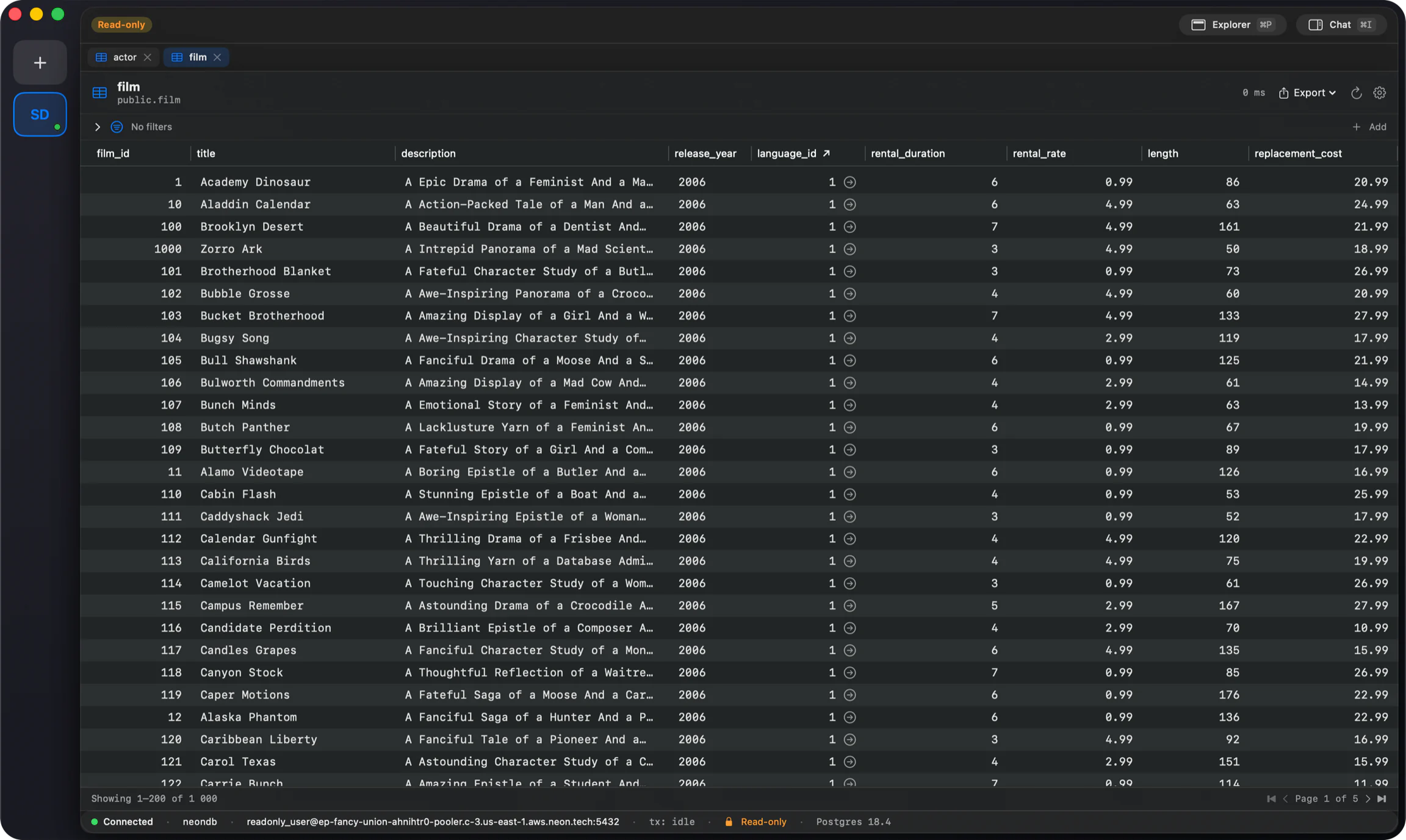 FluentDB browsing the film table in a fast, scrollable data grid with hundreds of rows